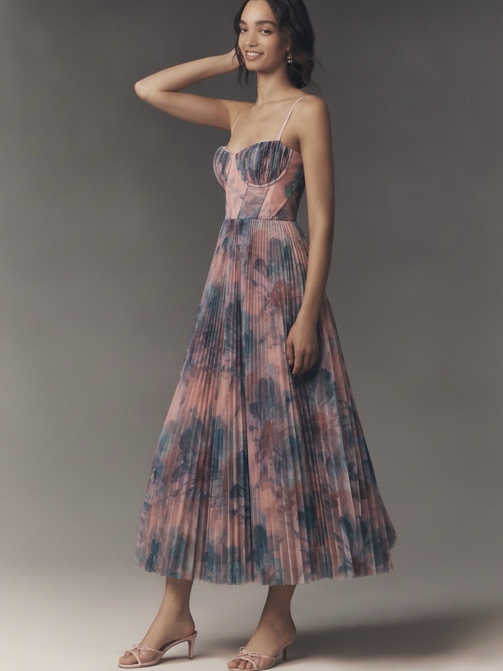 Hutch Amara Corset Pleated Tulle Fit & Flare Midi Dress Pink Floral Fairy Sz 0